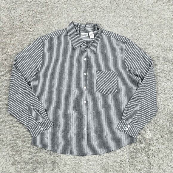 Chico's Women's Size 2 Blouse Top Long Sleeve Gray Striped Cotton Collared Regul - Picture 1 of 8